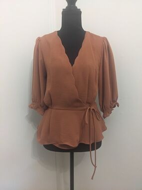 Mustard Seed Rust Peplum Blouse with Scalloped Hem, Wrap Tie, & Gathered Sleeves